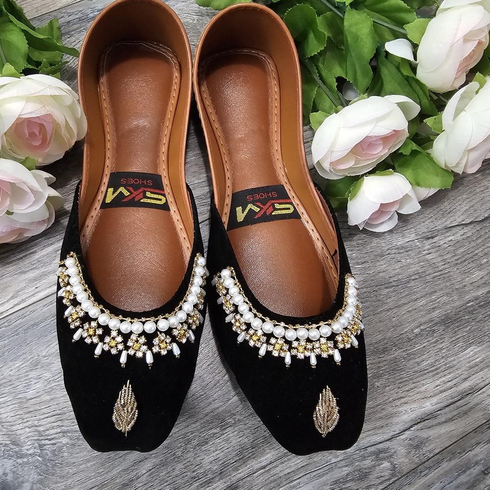 Embellished Black Women’s Moccasins with Pearl Accent